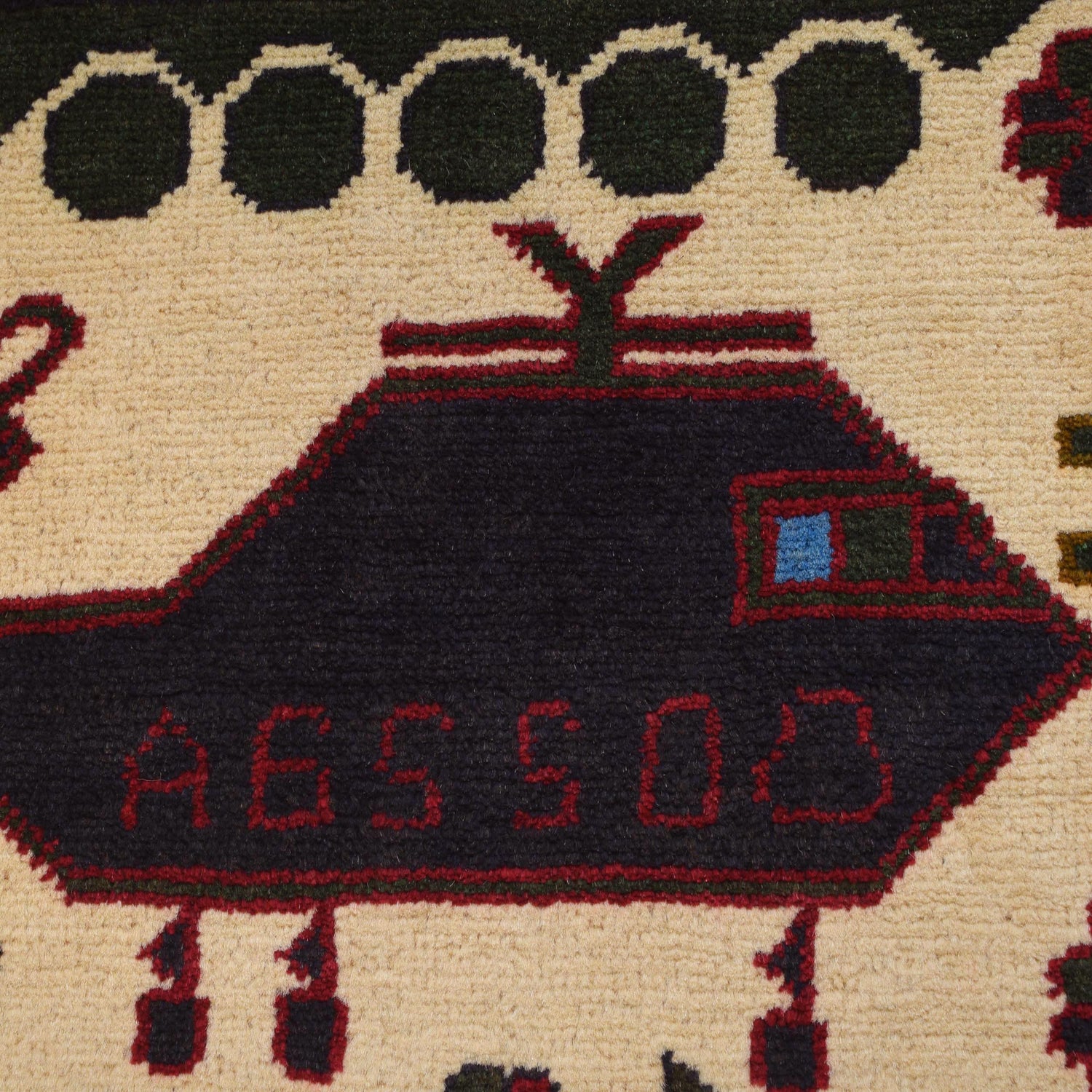 War Area Rug Handmade Beige Tank + Helicopter + Riffle 2x4
