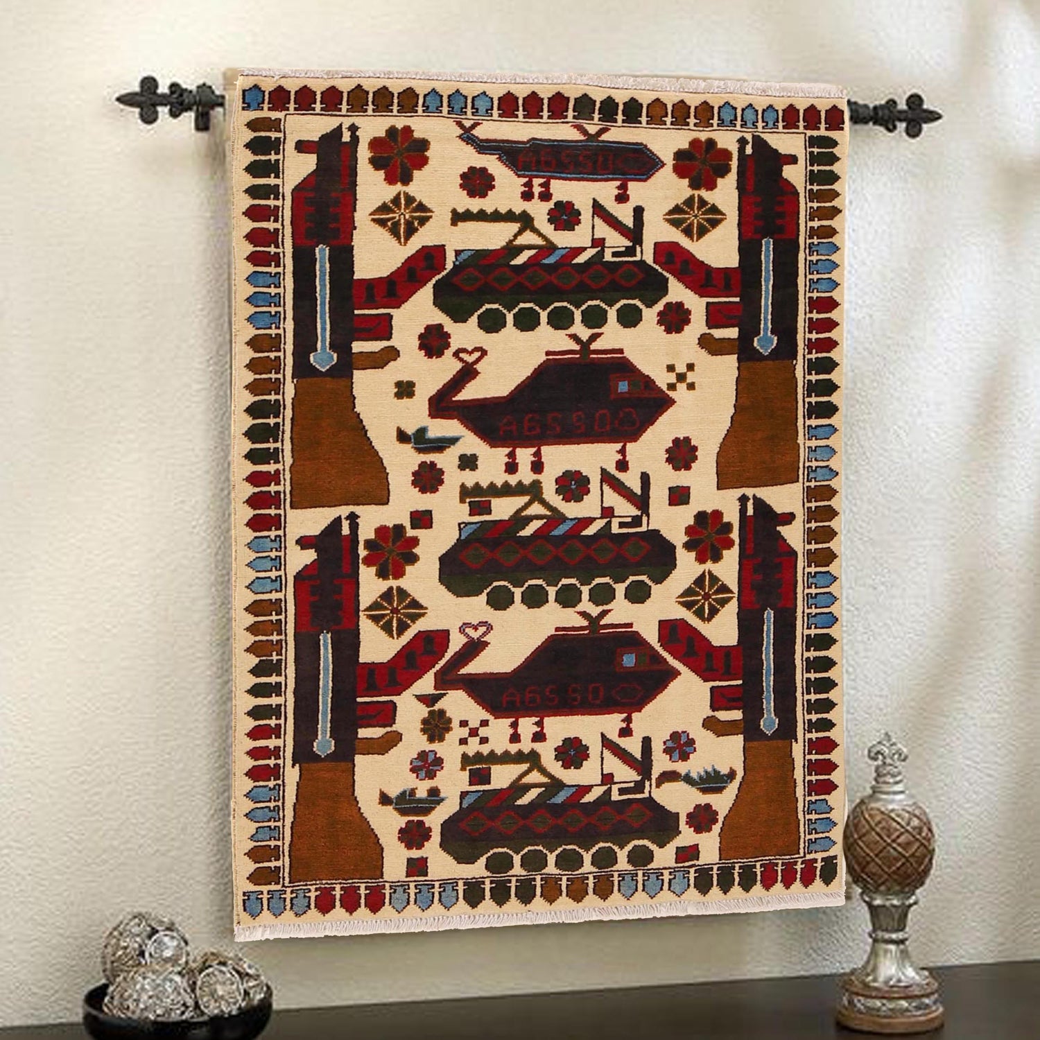 War Area Rug Handmade Beige Tank + Helicopter + Riffle 2x4