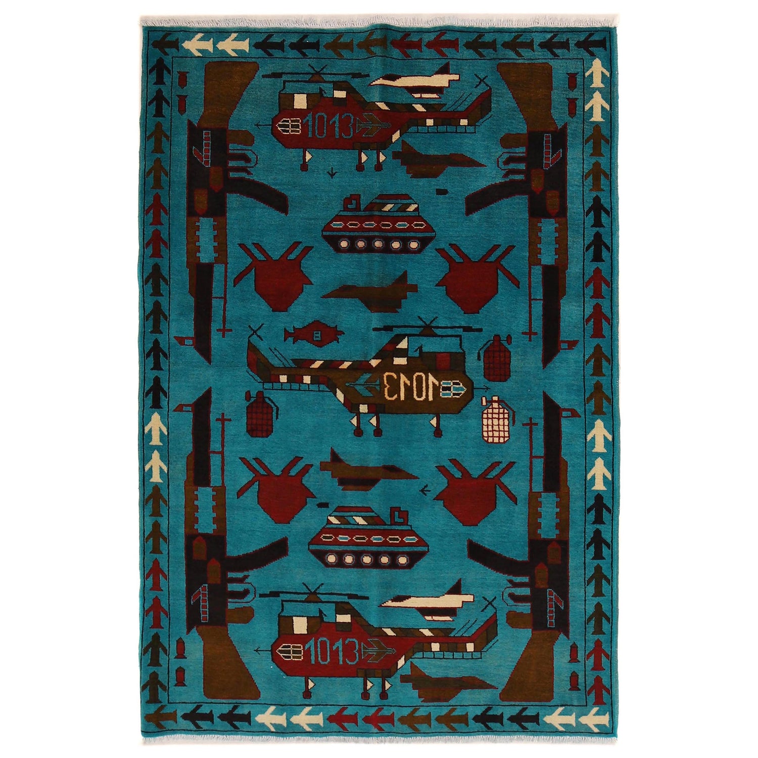 War Area Rug Handmade Blue Tank + Helicopter + Riffle 4x6 ft