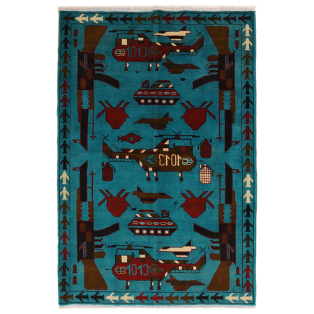 War Area Rug Handmade Blue Tank + Helicopter + Riffle 4x6 ft