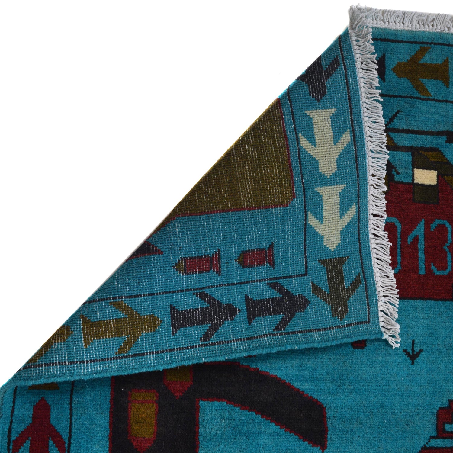 War Area Rug Handmade Blue Tank + Helicopter + Riffle 4x6 ft