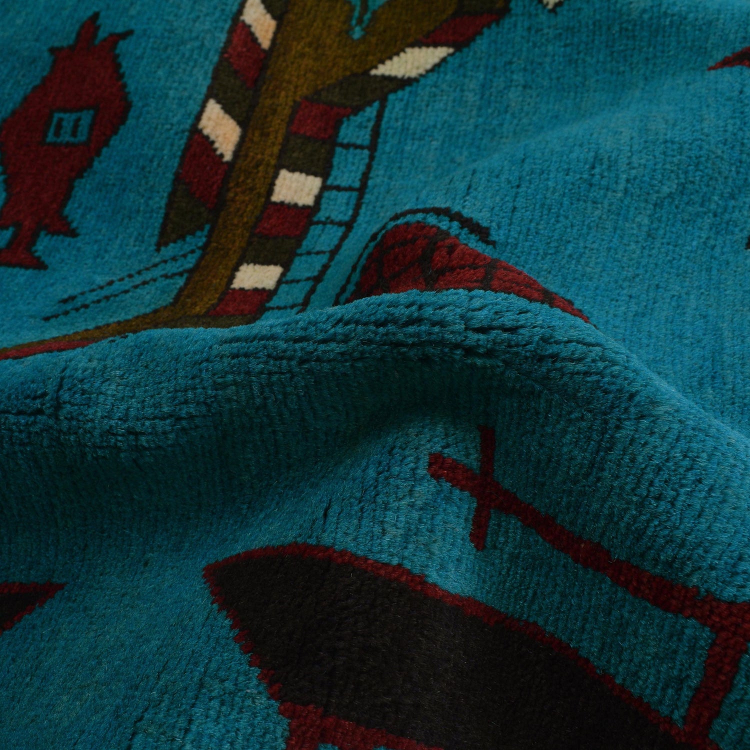 War Area Rug Handmade Blue Tank + Helicopter + Riffle 4x6 ft