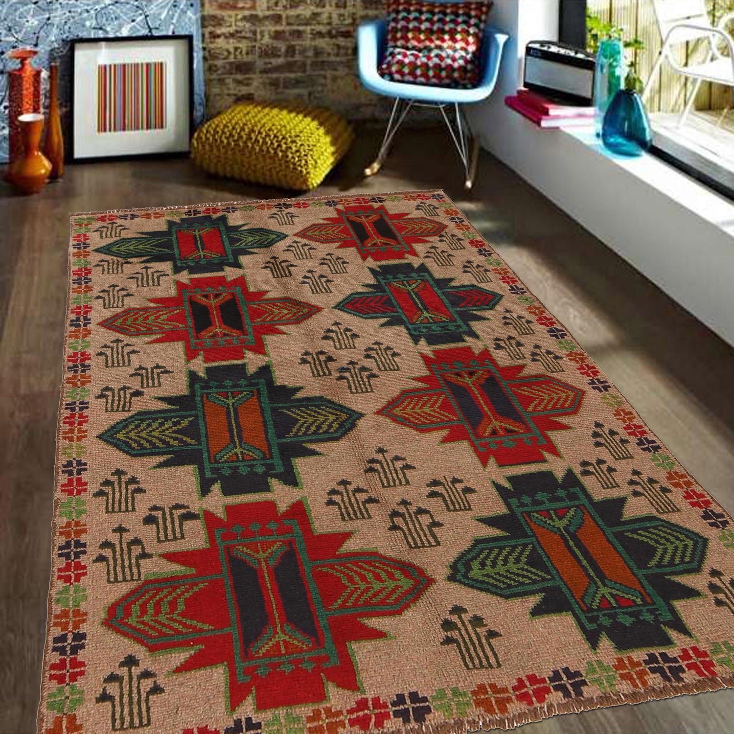 Baluchi Rug Handmade Beige Geometric 4x6 ft