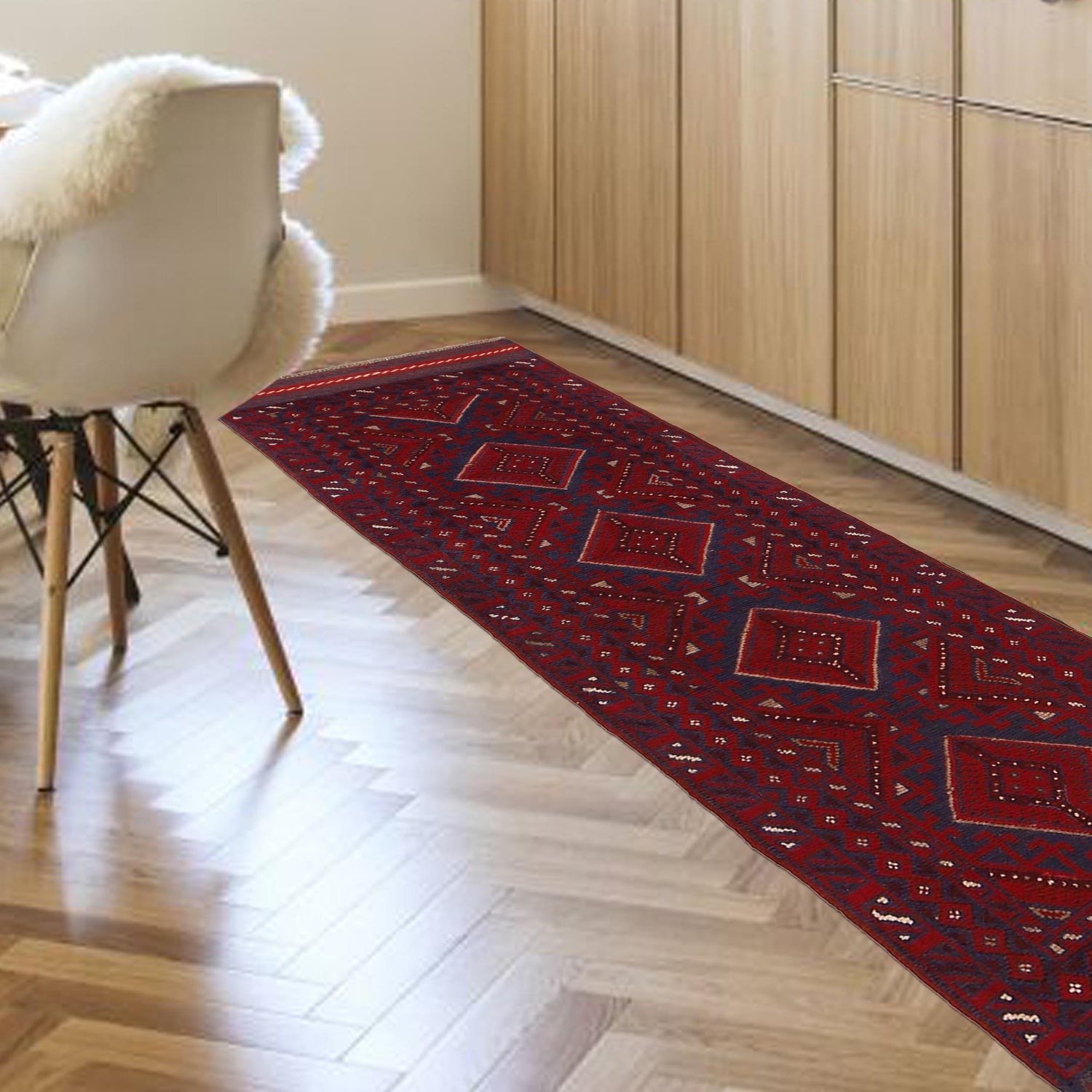 Mashwani Runner Handmade Deep Red Geometric 8' Runner