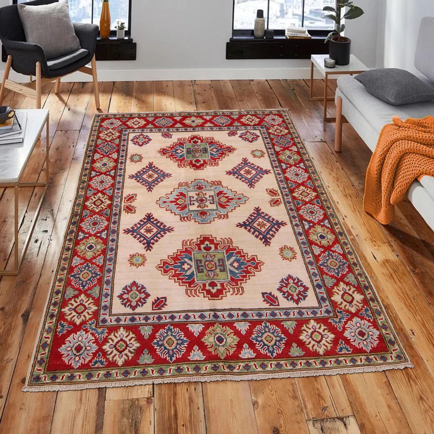 Kazak Rug Handmade Ivory Medallion 4x6 ft