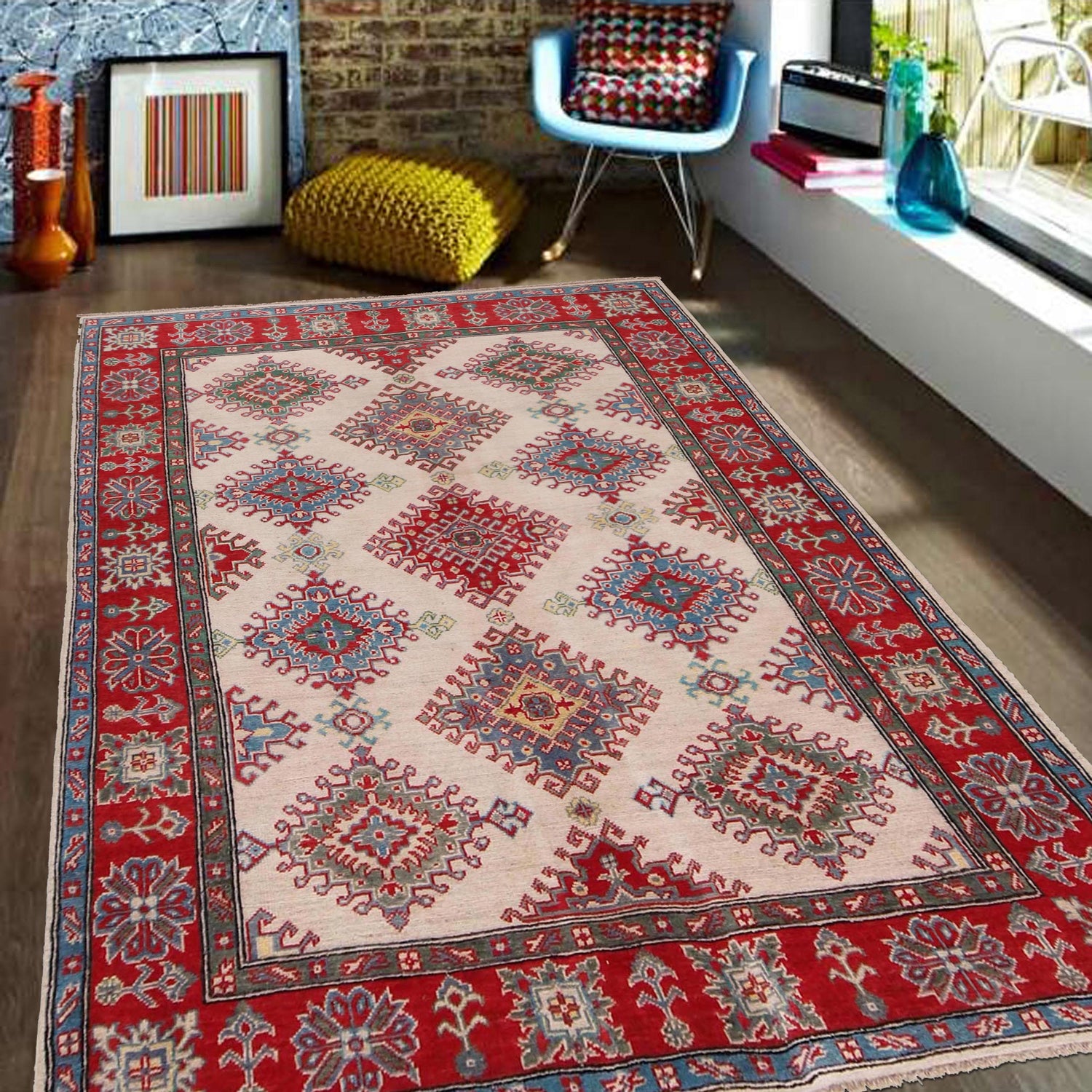 Kazak Rug Handmade Ivory Medallion 4x7 ft