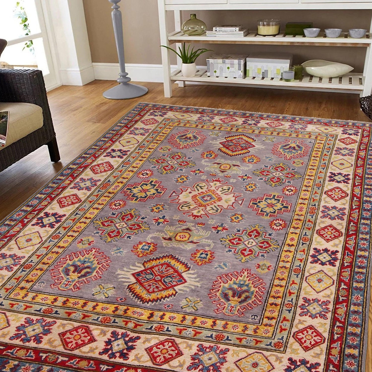 Kazak Rug Handmade Gray Medallion 4x7 ft