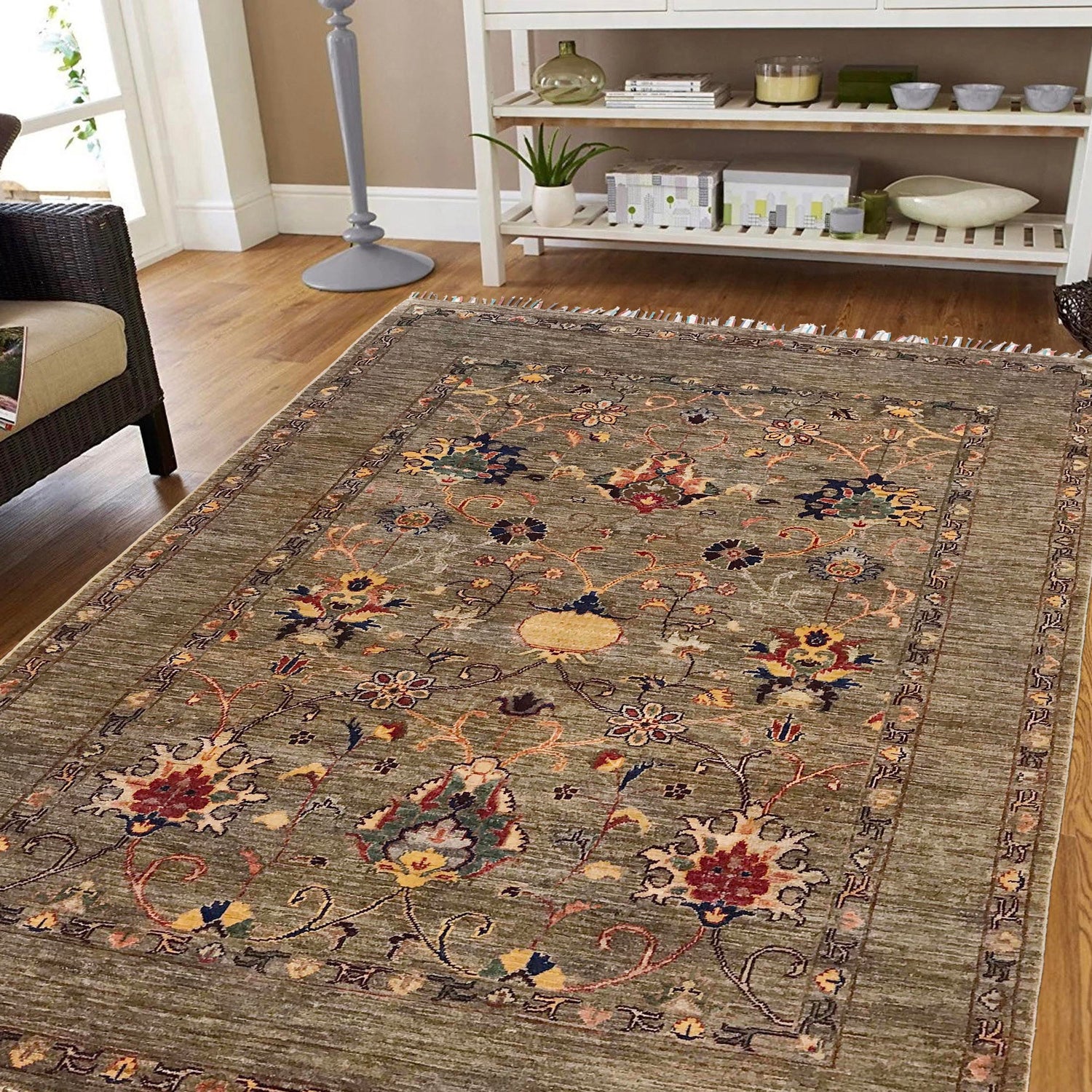 Sultani Area Rug Handmade Beige Floral 4x7 ft