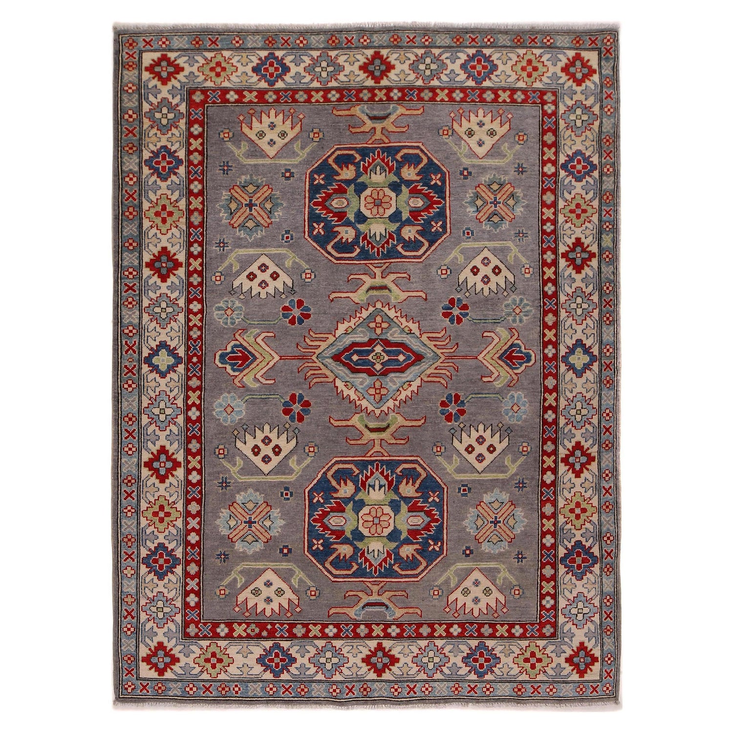 Kazak Rug Handmade Gray Medallion 4x7 ft