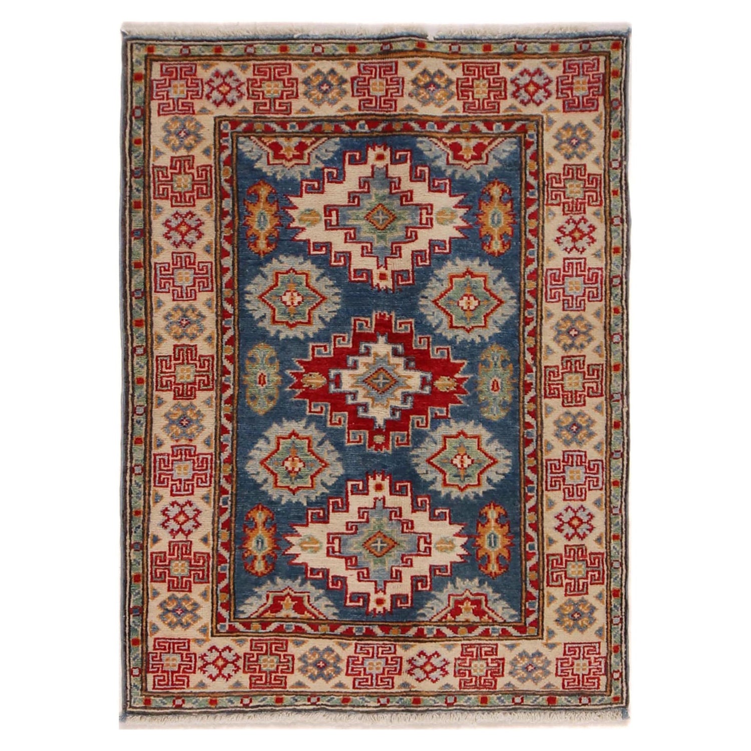Kazak Rug Handmade Blue Medallion 2x4 ft