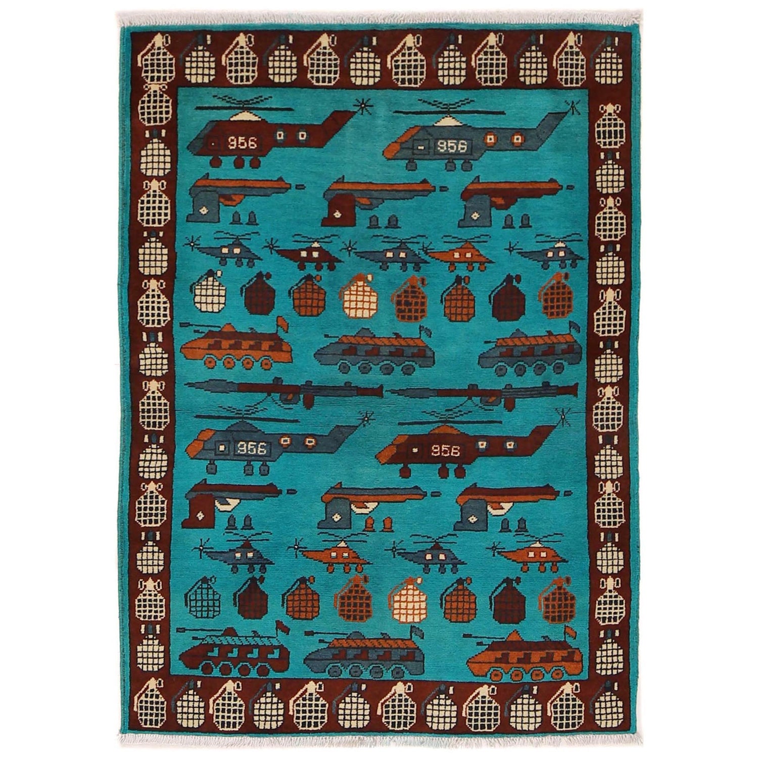 War Area Rug Handmade Blue Tank + Helicopter + Riffle 3x5 ft