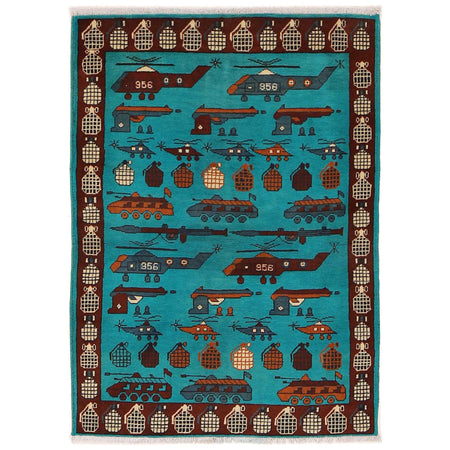 War Area Rug Handmade Blue Tank + Helicopter + Riffle 3x5 ft
