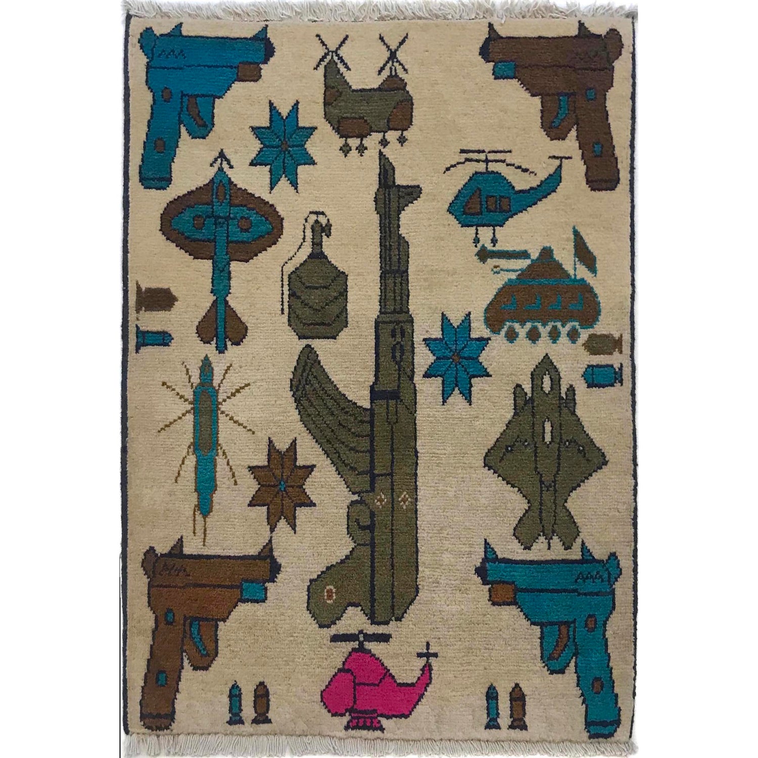 War Area Rug Handmade Beige Riffle + Tanks + Aeroplane 2 x