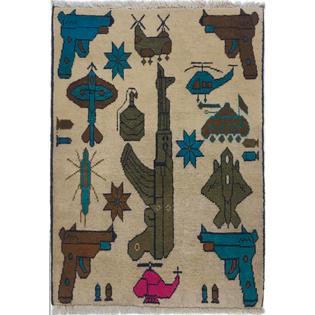 War Area Rug Handmade Beige Riffle + Tanks + Aeroplane 2 x