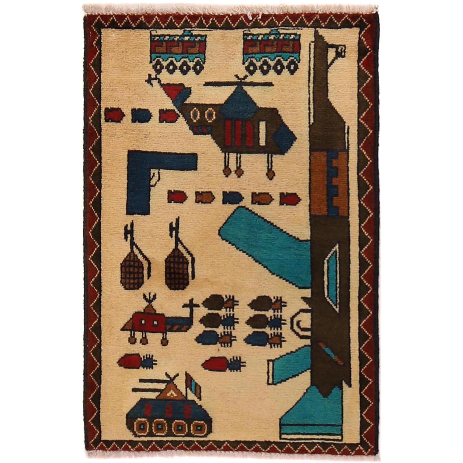 War Area Rug Handmade Beige Tank + Helicopter + Riffle 2 x