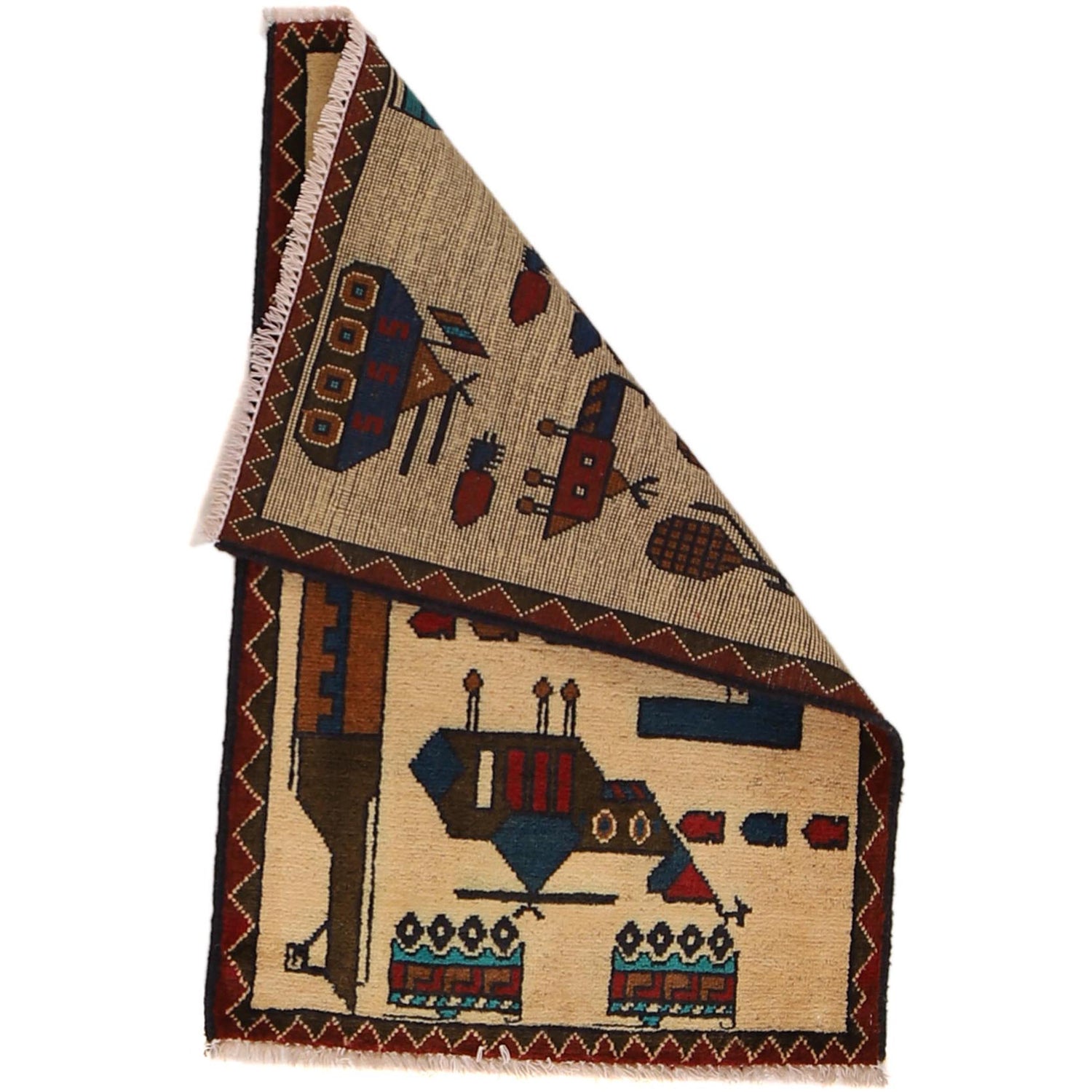 War Area Rug Handmade Beige Tank + Helicopter + Riffle 2 x