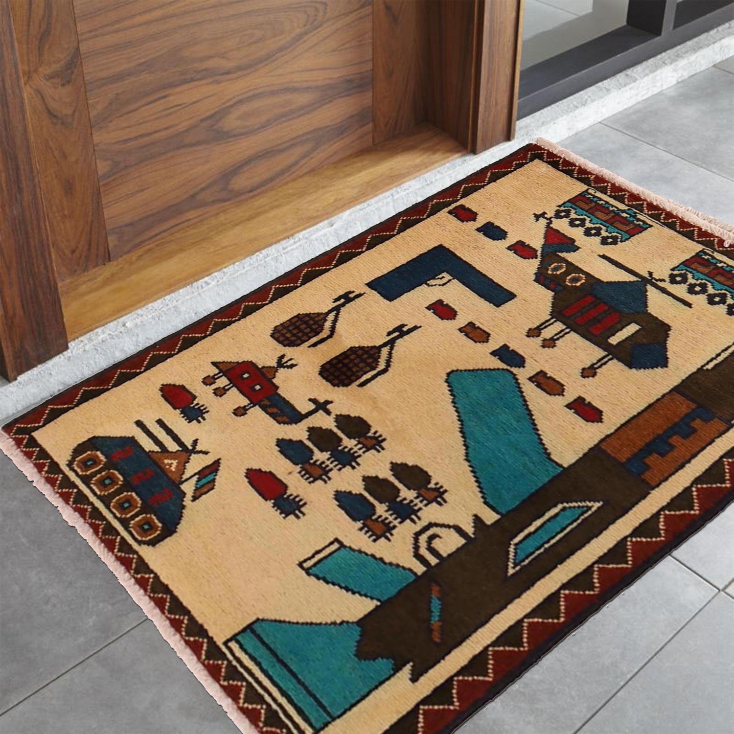 War Area Rug Handmade Beige Tank + Helicopter + Riffle 2 x