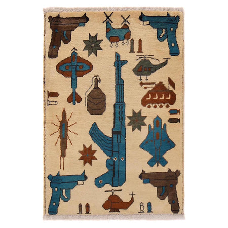 War Area Rug Handmade Beige Tank + Helicopter 2 x 3 ft