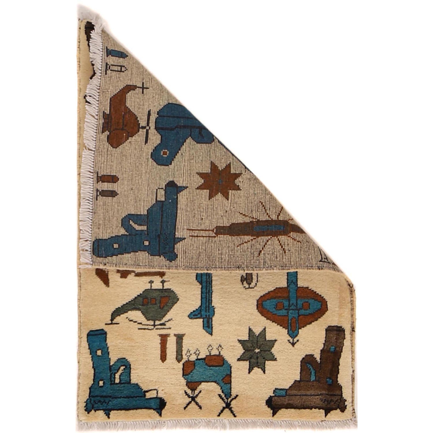 War Area Rug Handmade Beige Tank + Helicopter 2 x 3 ft