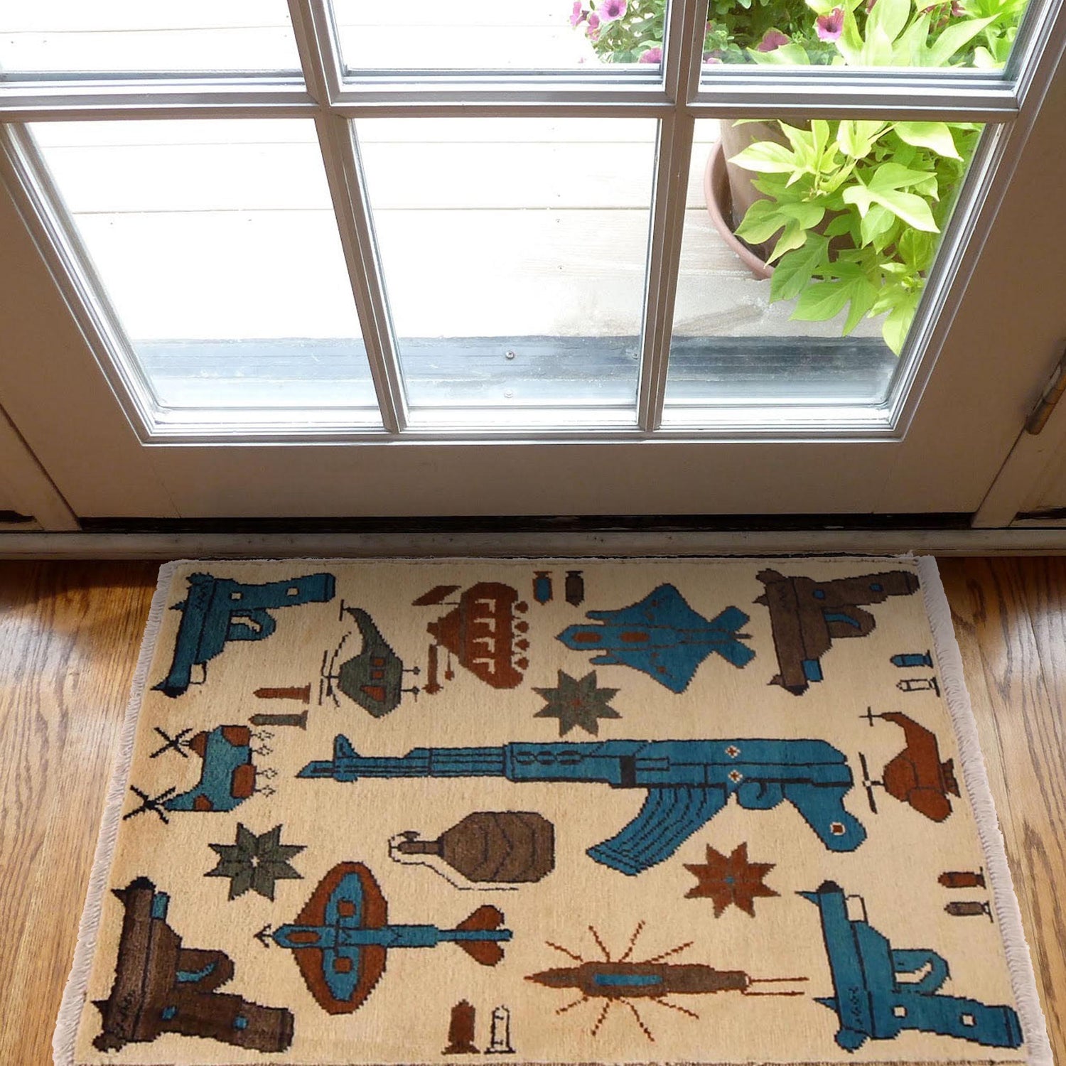 War Area Rug Handmade Beige Tank + Helicopter 2 x 3 ft