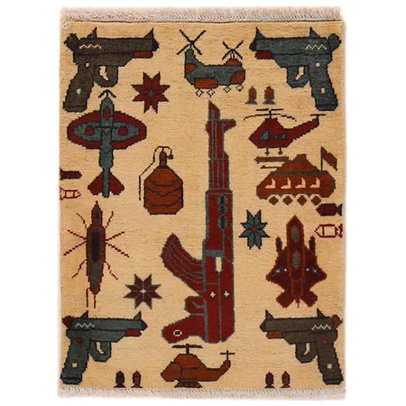 War Area Rug Handmade Beige Tank + Helicopter + Riffle 2 x