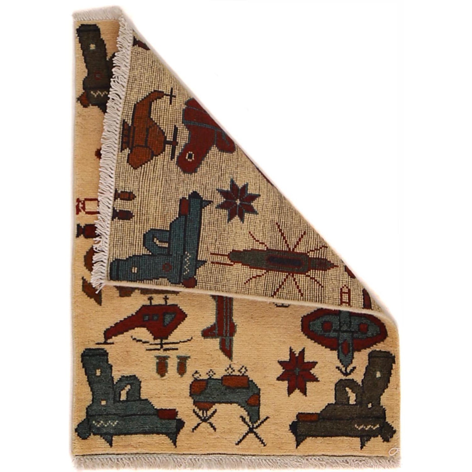 War Area Rug Handmade Beige Tank + Helicopter + Riffle 2 x