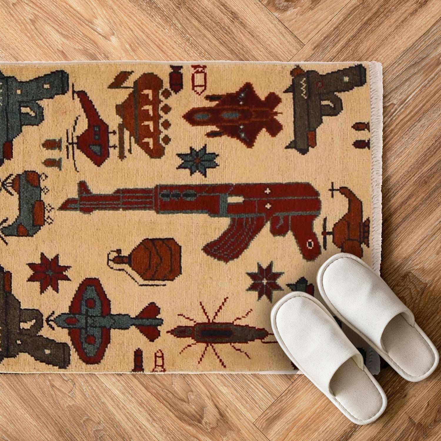 War Area Rug Handmade Beige Tank + Helicopter + Riffle 2 x