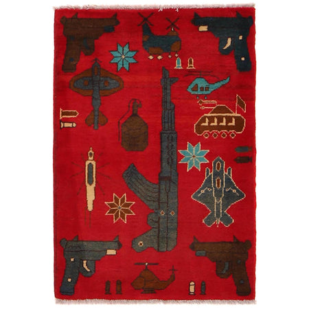 War Area Rug Handmade Red Tank + Helicopter + Riffle 2 x 3