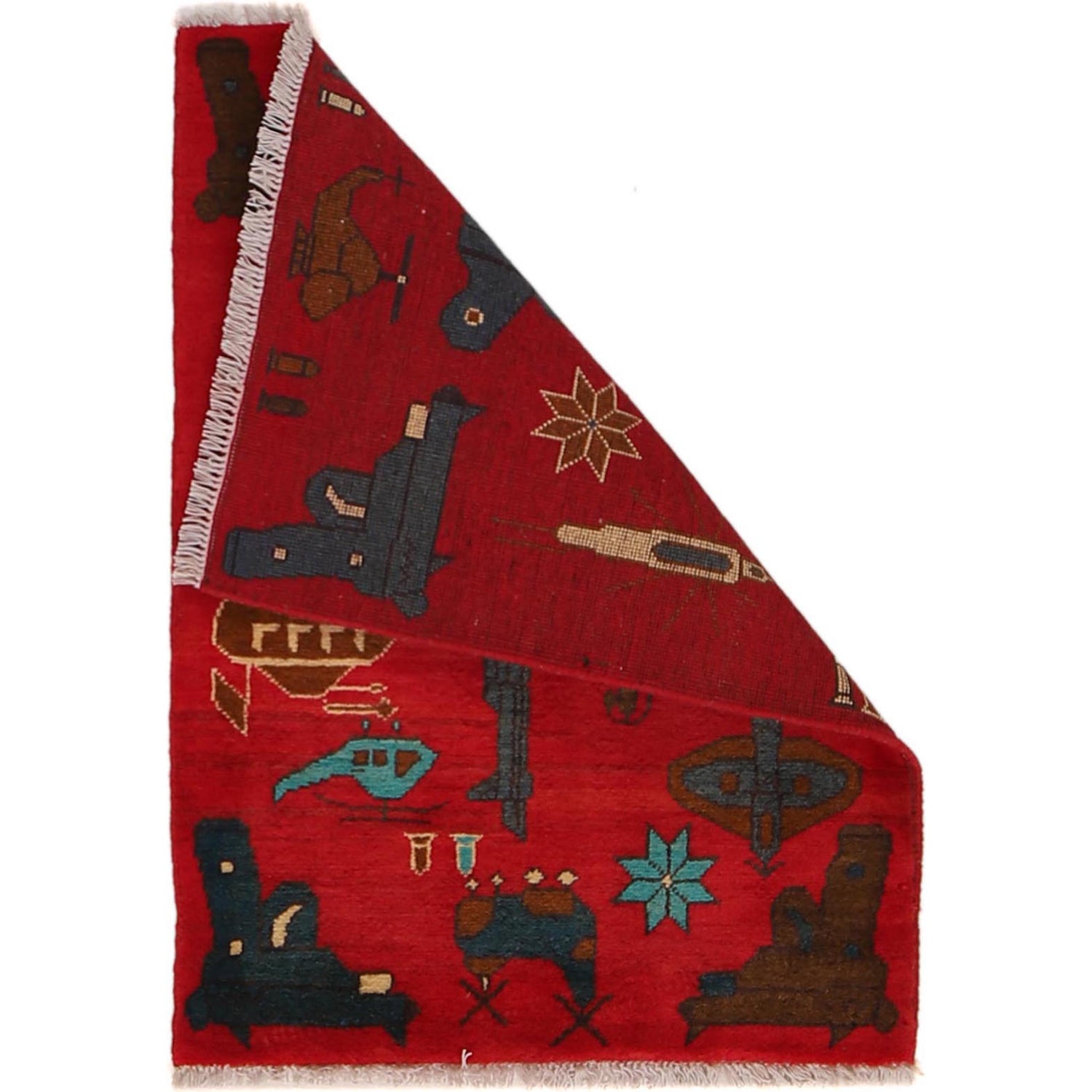 War Area Rug Handmade Red Tank + Helicopter + Riffle 2 x 3