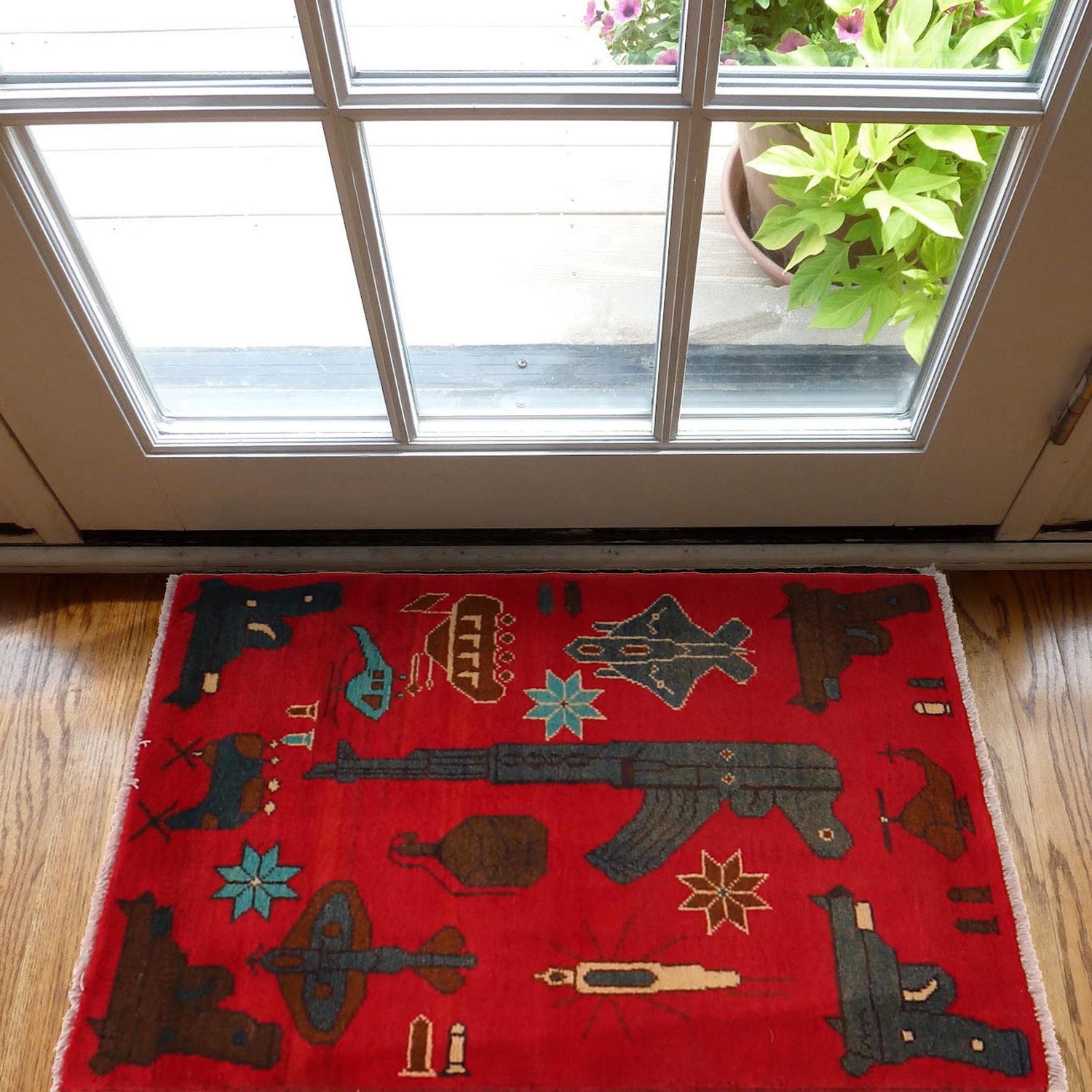 War Area Rug Handmade Red Tank + Helicopter + Riffle 2 x 3