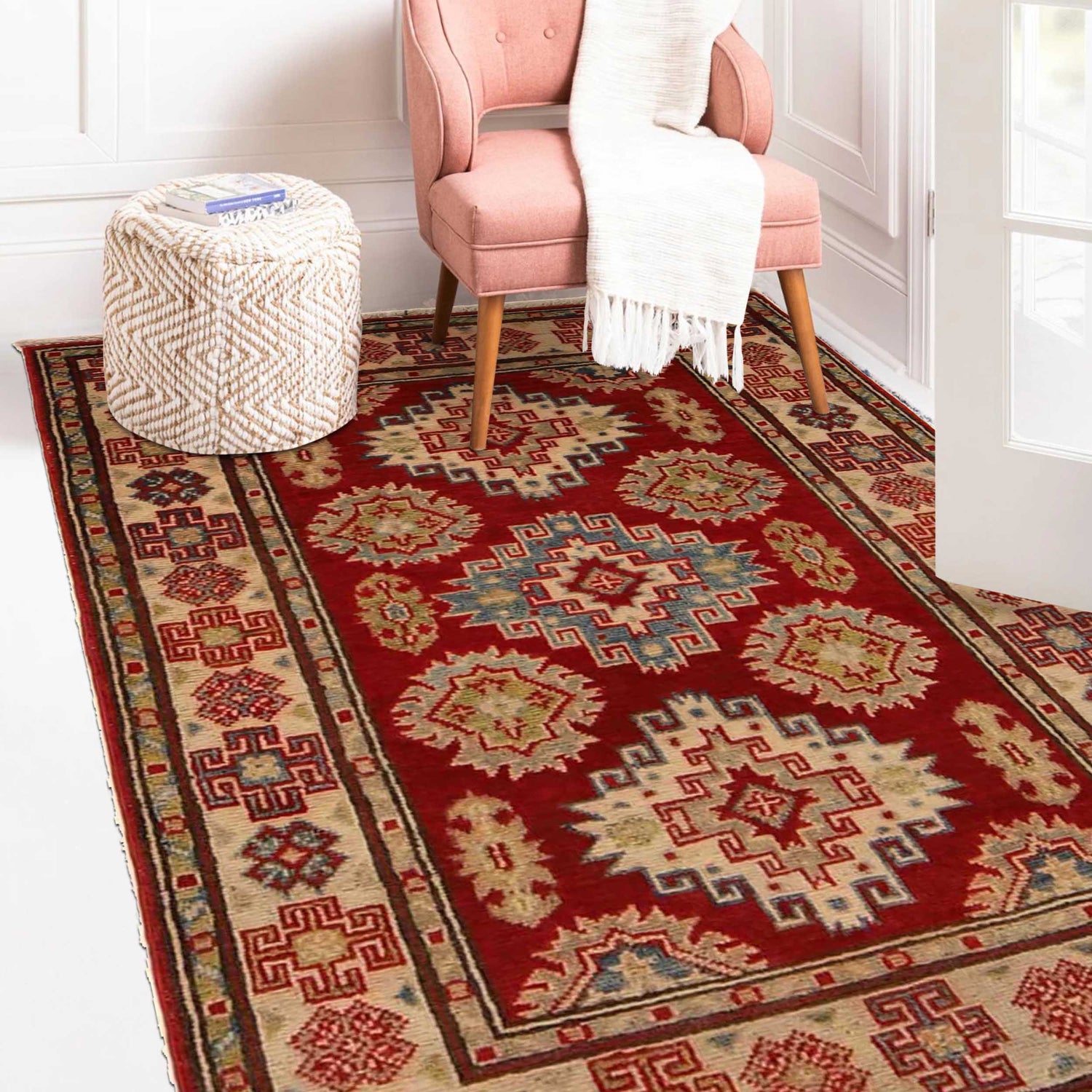 Kazak Rug Handmade Red Medallion 2x4 ft