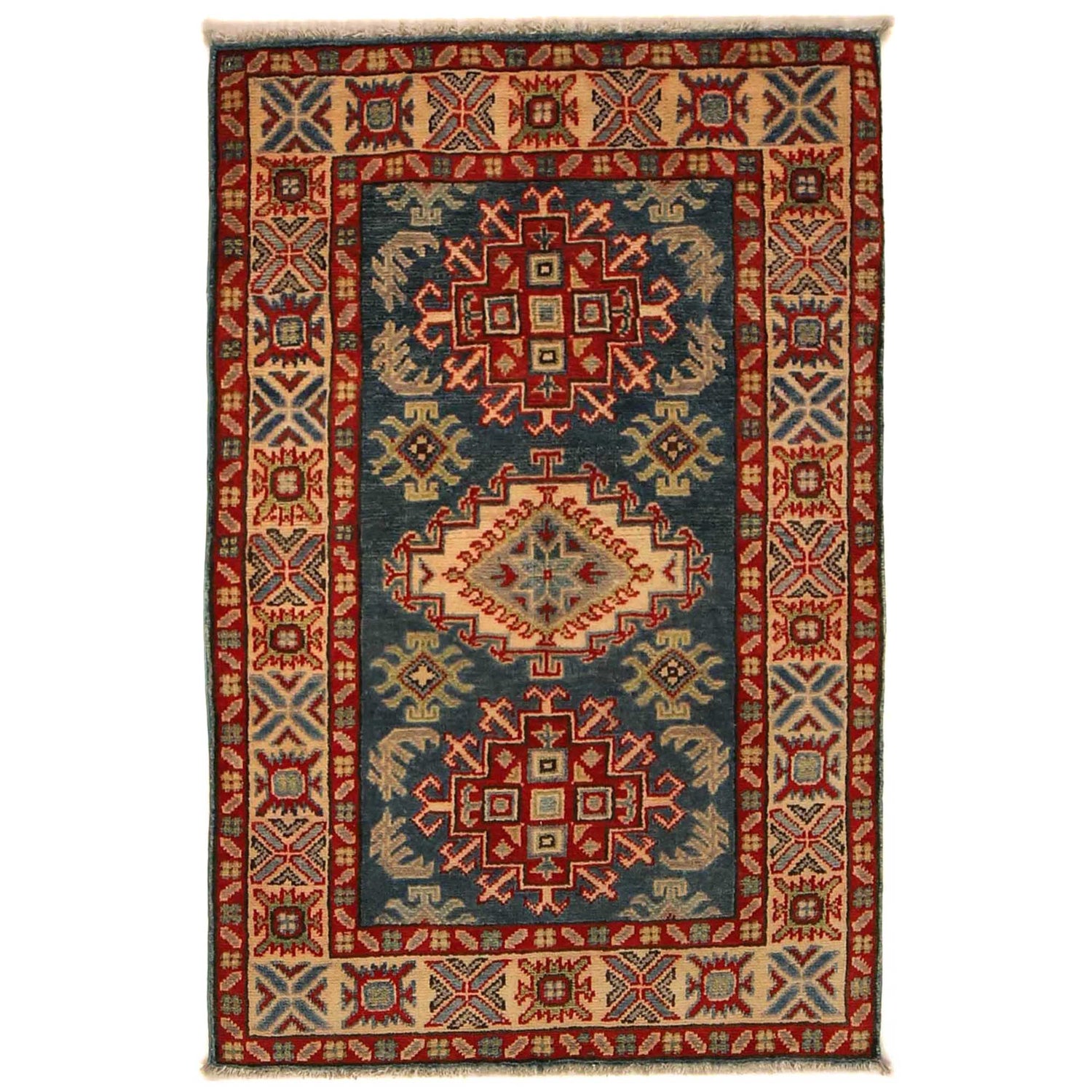 Kazak Rug Handmade Blue Medallion 2x4 ft
