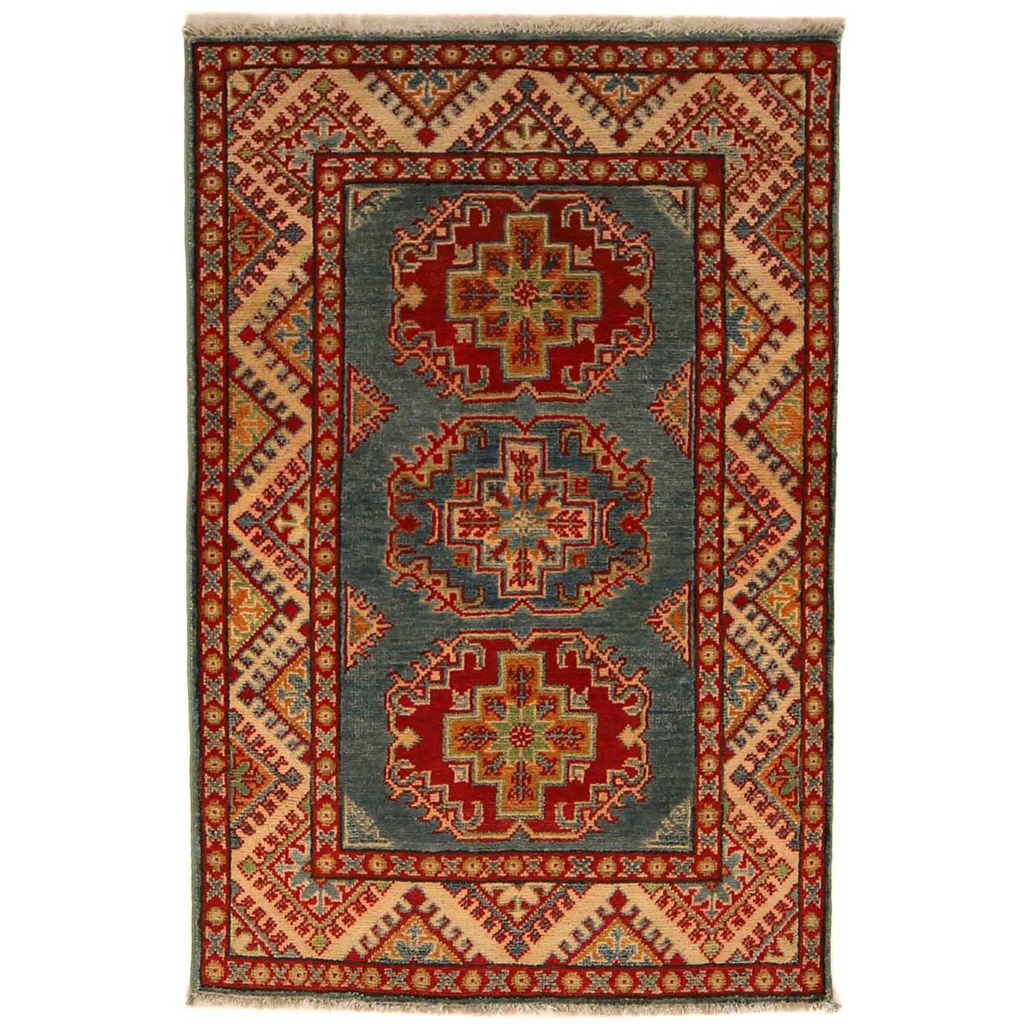 Kazak Rug Handmade Blue Medallion 2x4 ft