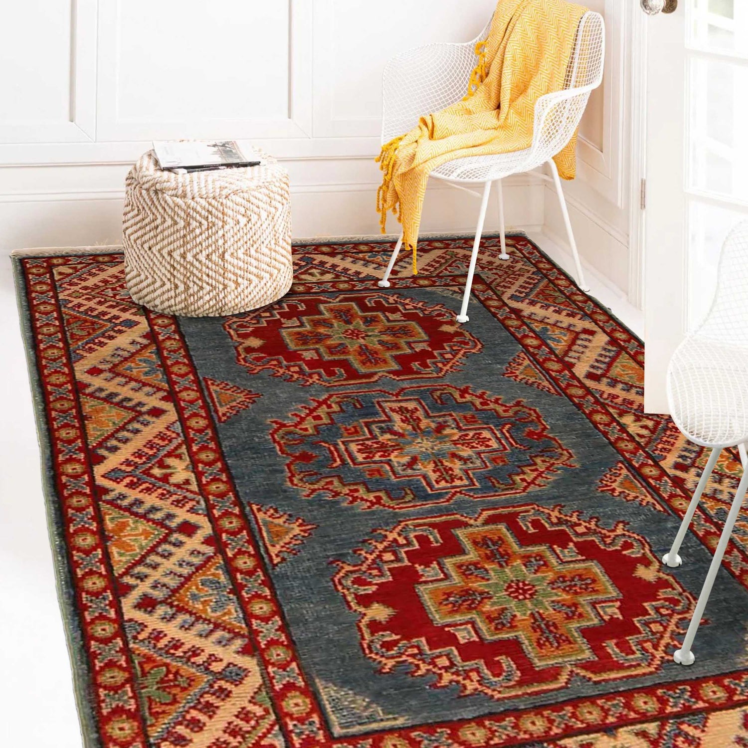 Kazak Rug Handmade Blue Medallion 2x4 ft