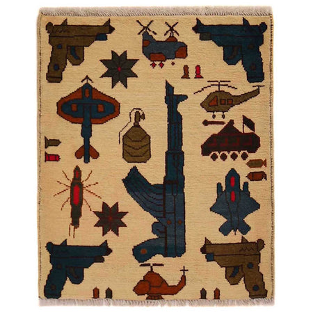 War Area Rug Handmade Beige Riffle + Tank + Helicopter +