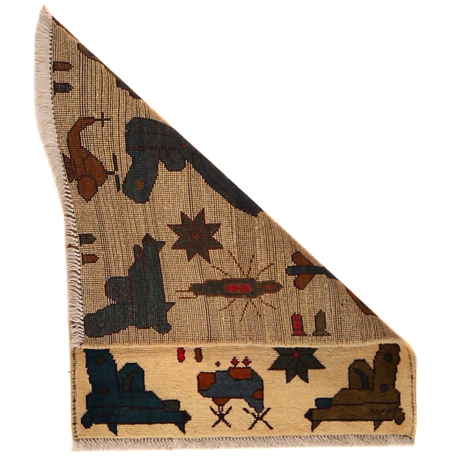 War Area Rug Handmade Beige Riffle + Tank + Helicopter +
