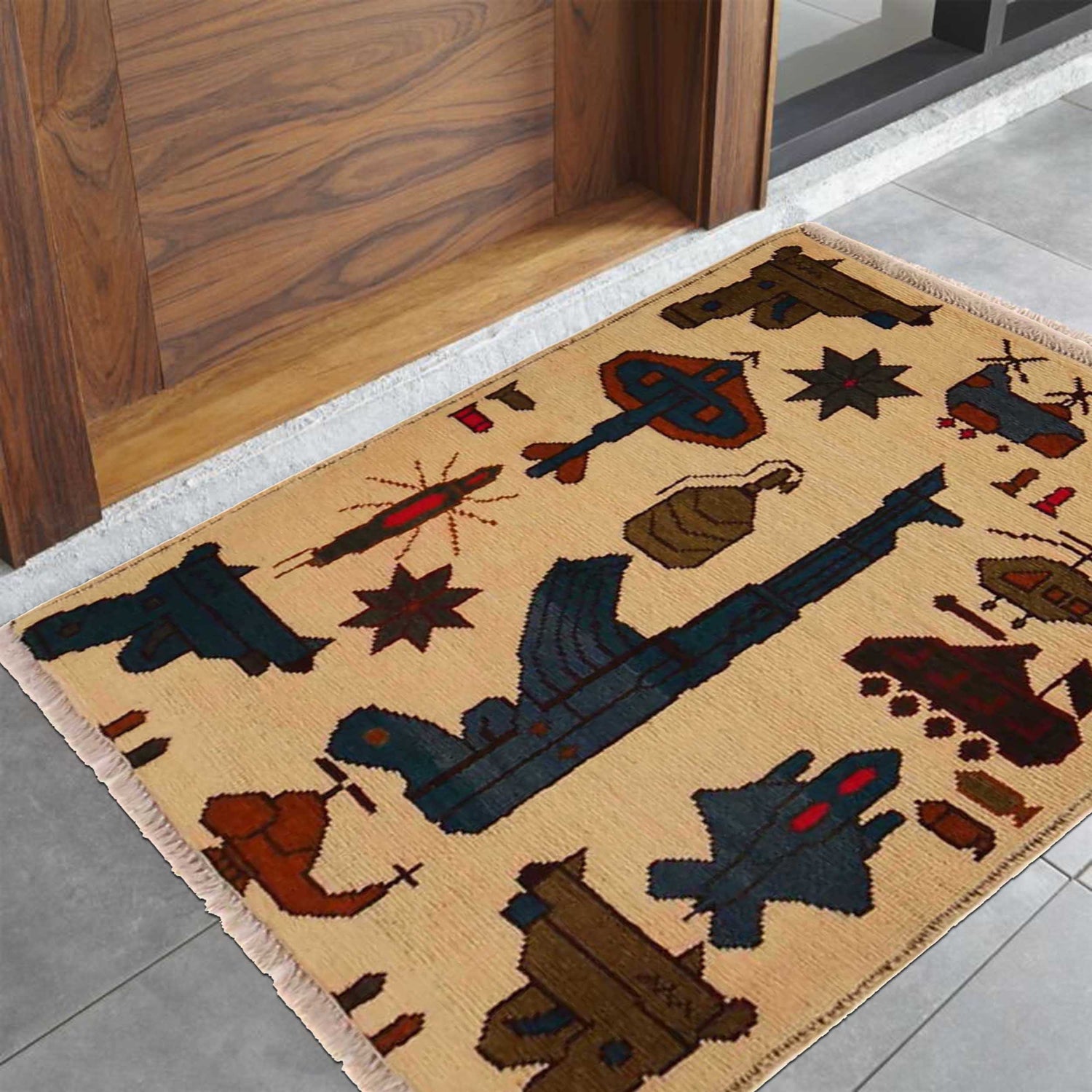 War Area Rug Handmade Beige Riffle + Tank + Helicopter +