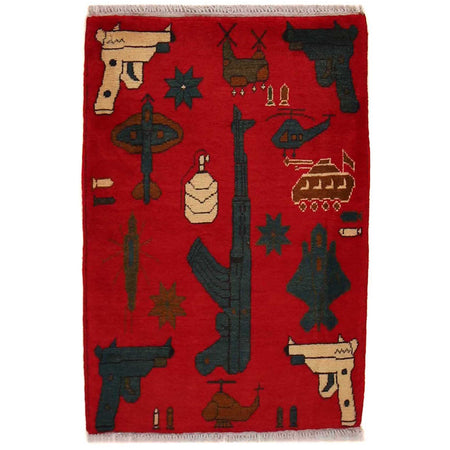 War Area Rug Handmade Red Riffle + Tank + Helicopter +