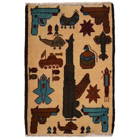 War Area Rug Handmade Beige Riffle + Tank + Helicopter +