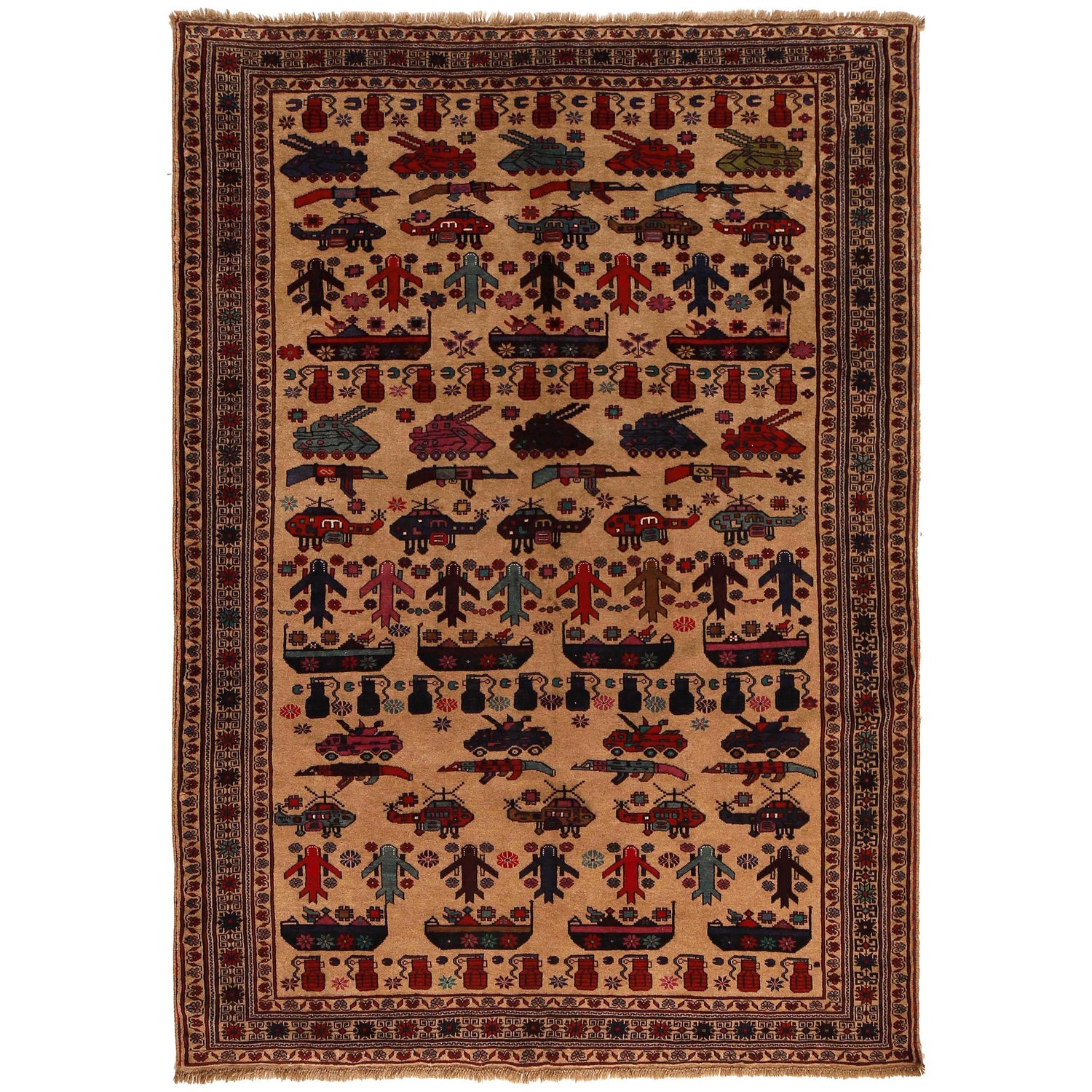 War Area Rug Handmade Brown Tank + Riffle + Helicopter 7x10