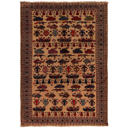 War Area Rug Handmade Brown Tank + Riffle + Helicopter 7x10
