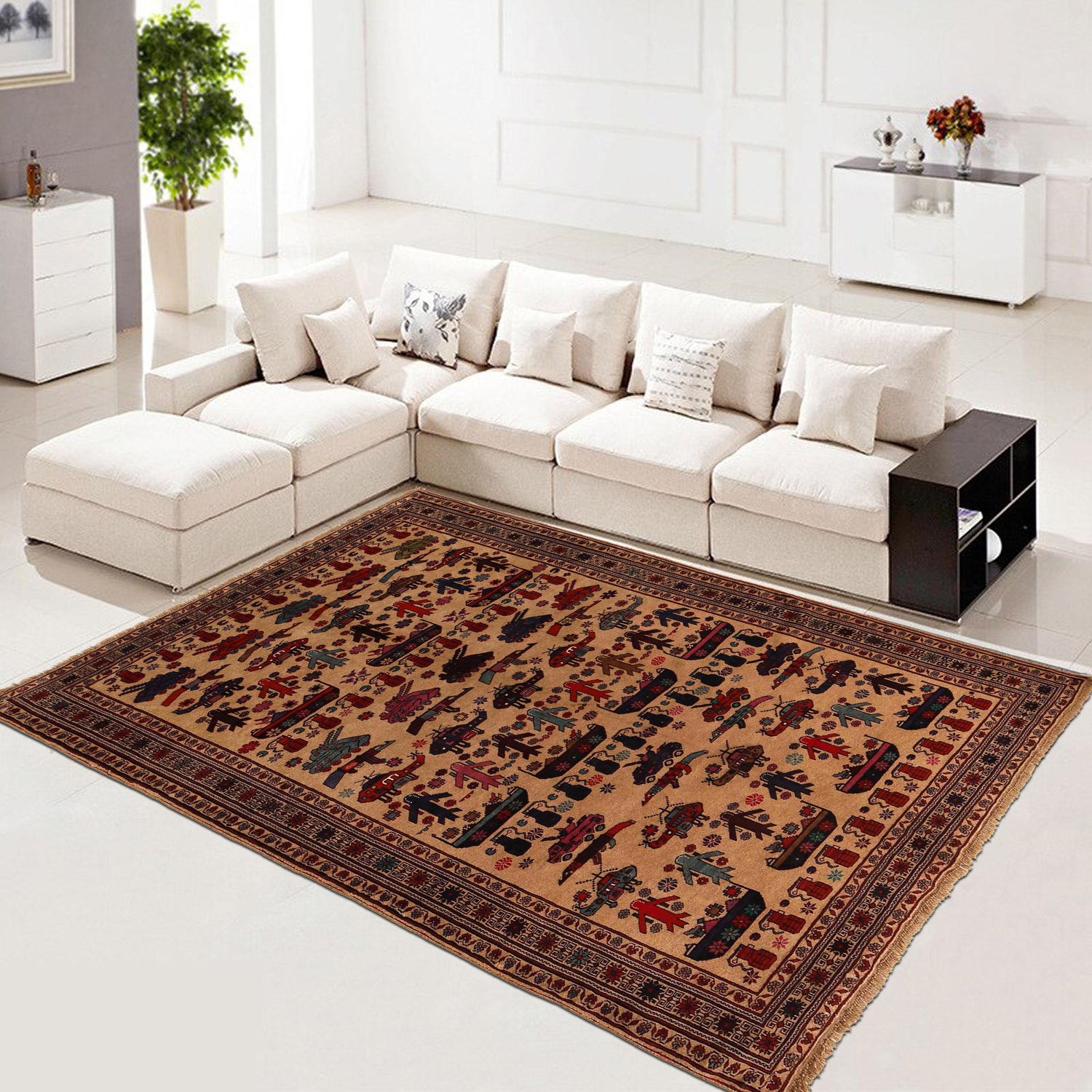 War Area Rug Handmade Brown Tank + Riffle + Helicopter 7x10