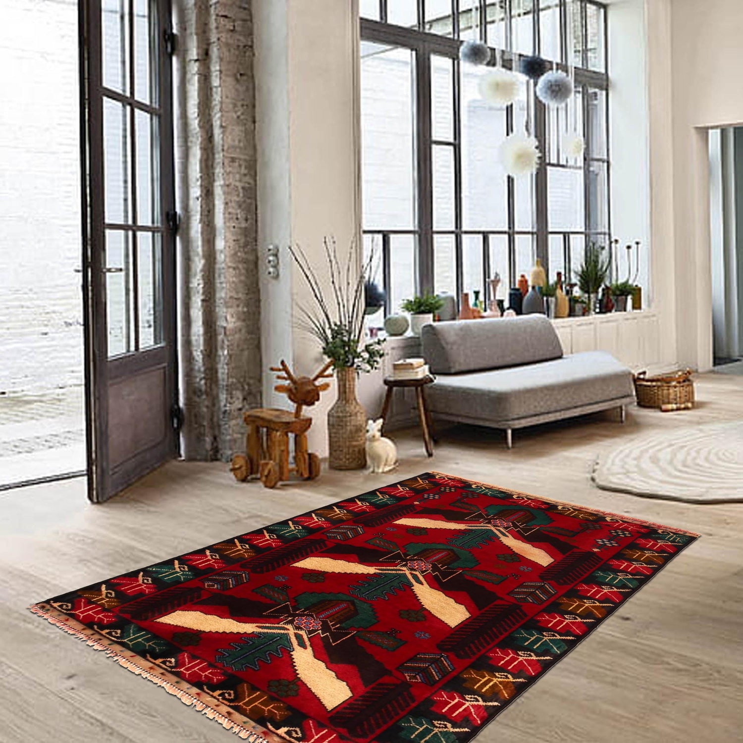Baluchi Rug Handmade Red Geometric 2x4 ft