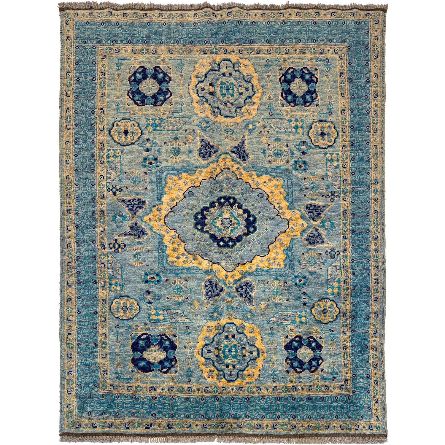 Mamluk Area Rug Handmade Blue Medallion 4x7 ft