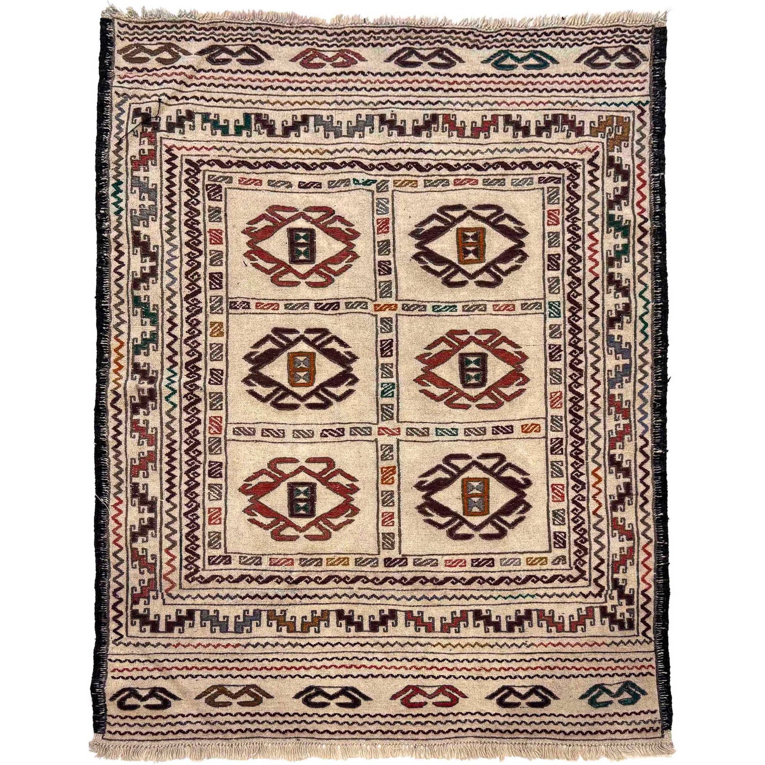 Soumak Kilim Area Rug Handmade White Pictorial 4x6 ft