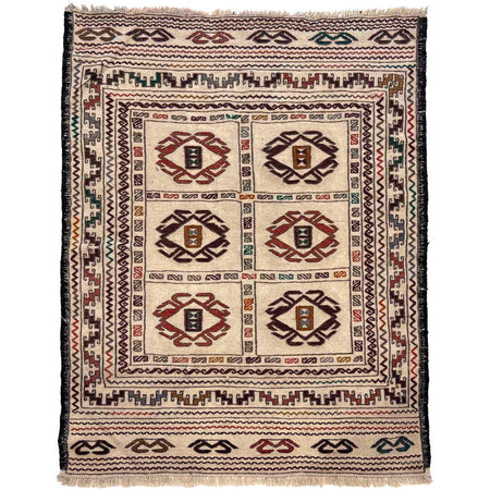 Soumak Kilim Area Rug Handmade White Pictorial 4x6 ft