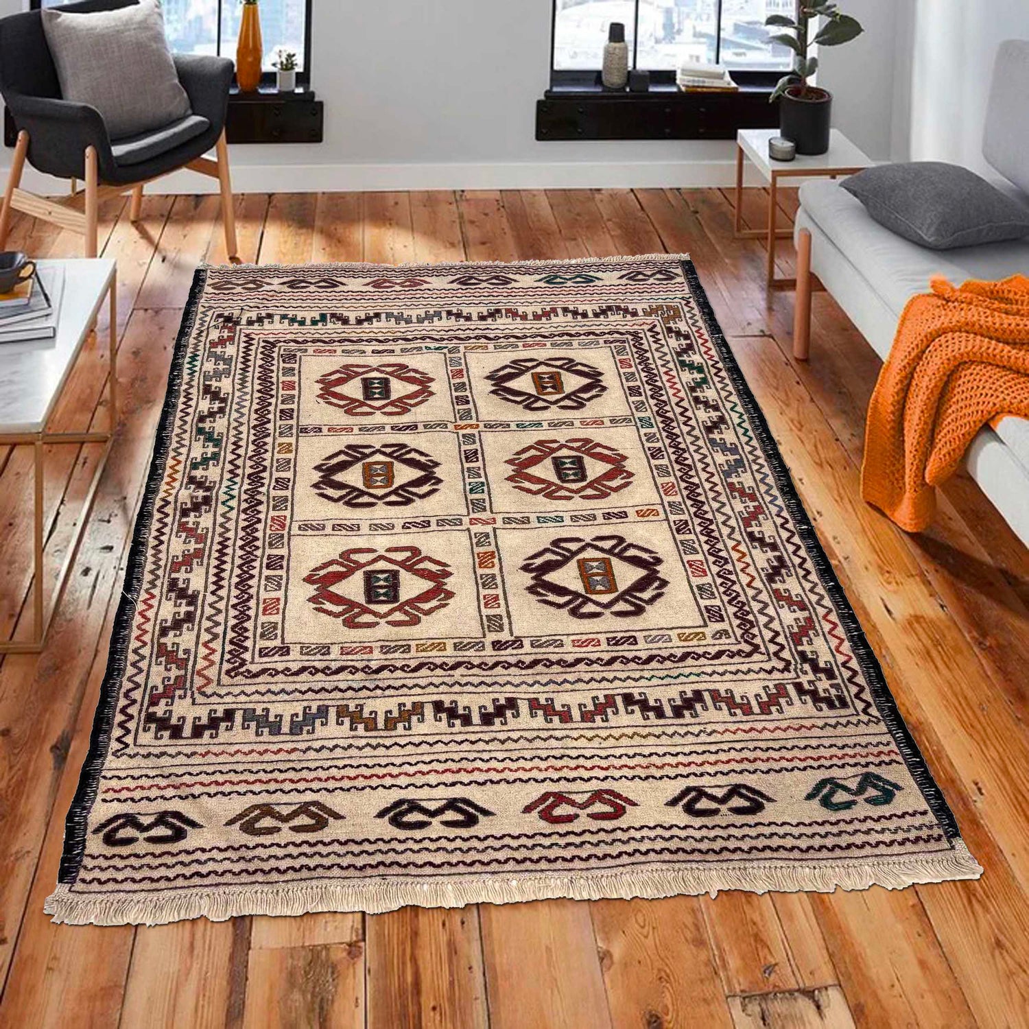 Soumak Kilim Area Rug Handmade White Pictorial 4x6 ft