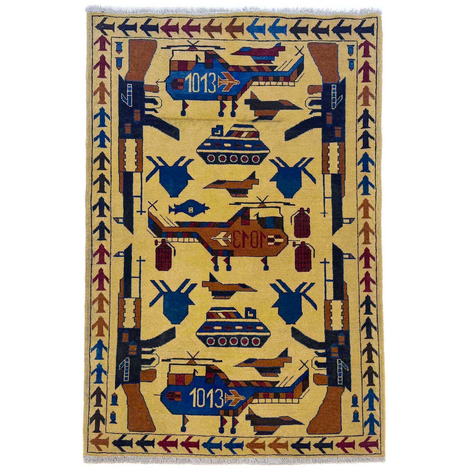 War Area Rug Handmade Yellow Tank + Helicopter + Riffle +
