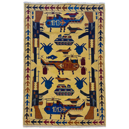 War Area Rug Handmade Yellow Tank + Helicopter + Riffle +