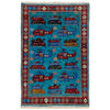 War Area Rug Handmade Blue Tank + Helicopter 2x4 ft